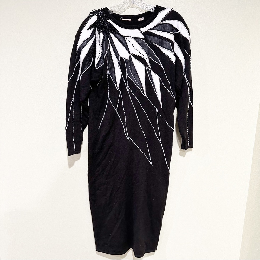Vintage 80's Hand Beaded Black Long Sleeve Dress Size Medium Shoulder Pads